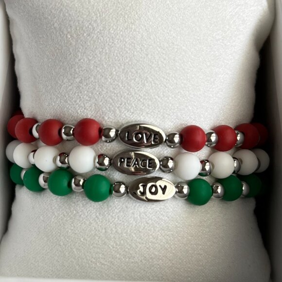 Rustic Cuff Christmas Set NIB Love Peace Joy Stainless and Silicone - Picture 2 of 4